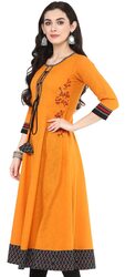 Yash Gallery Women's Cotton Slub Embroidered Anarkali Kurta for Women (Yellow, XL)